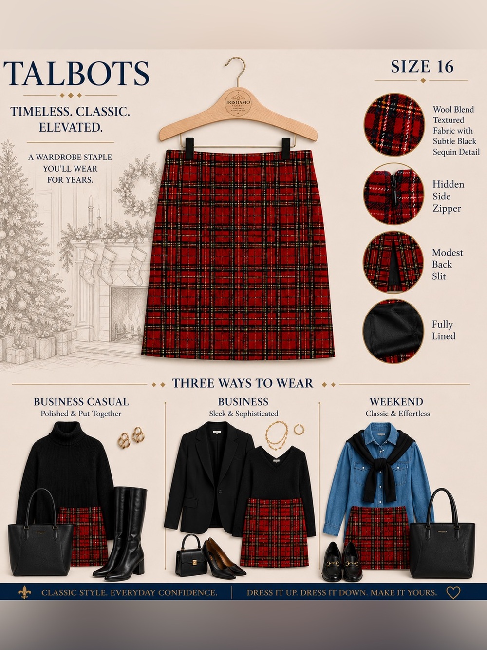 Talbots Red Tartan Plaid Wool Blend Skirt With Sparkle Size 16